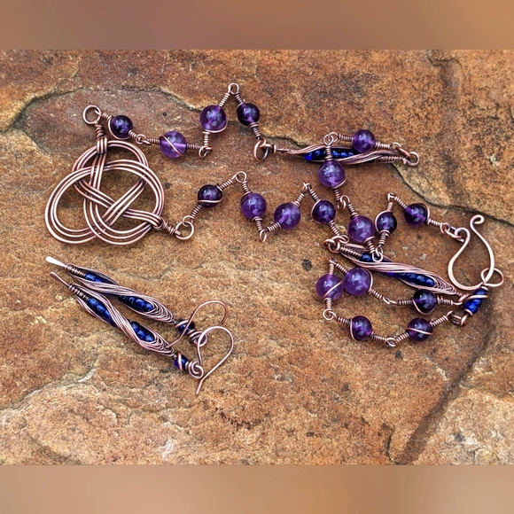 Celtic Jewelry Set Necklace and Earrings Amethyst Gemstone Beads Evening Artisan - Picture 9 of 14